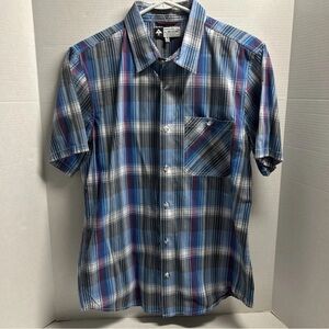 LRG Lifted Research Group Button Down Mens Medium Blue Plaid Short Sleeve